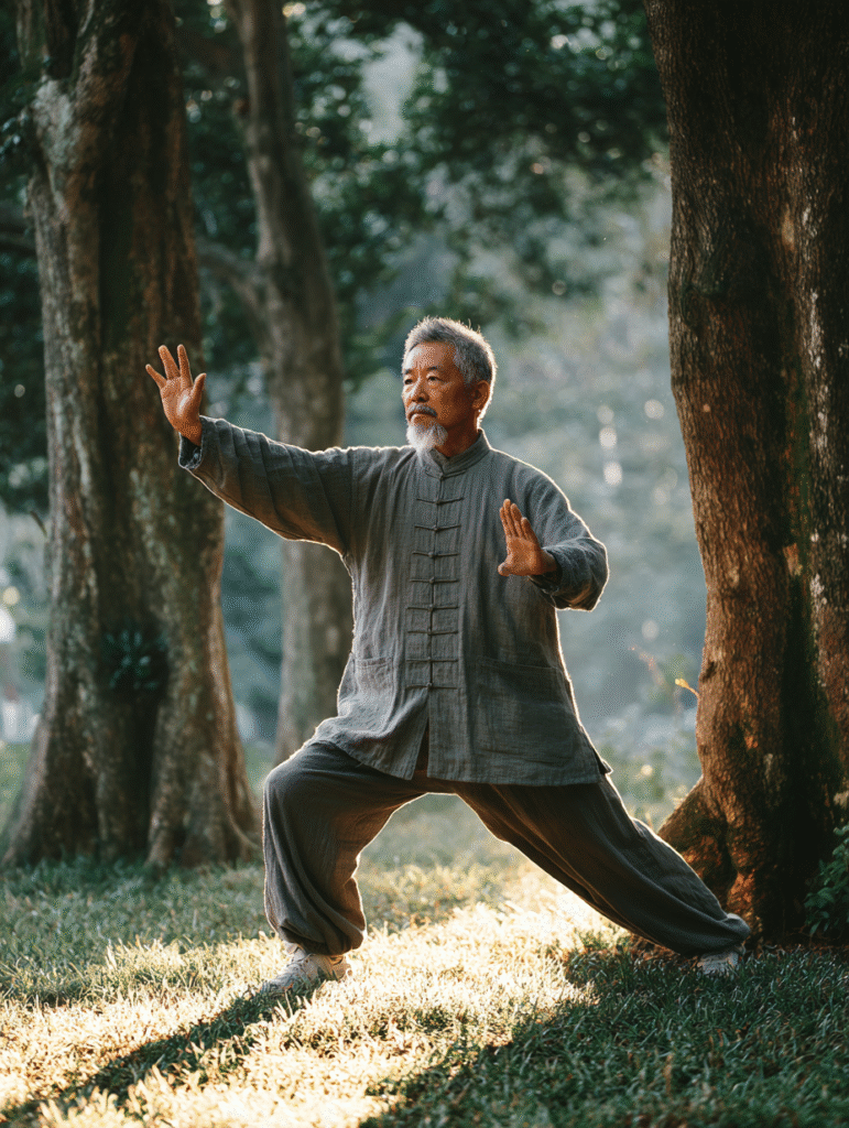 A man practicing gentle Tai Chi at sunrise, a peaceful example of how to manage arthritis pain naturally with mindful movement