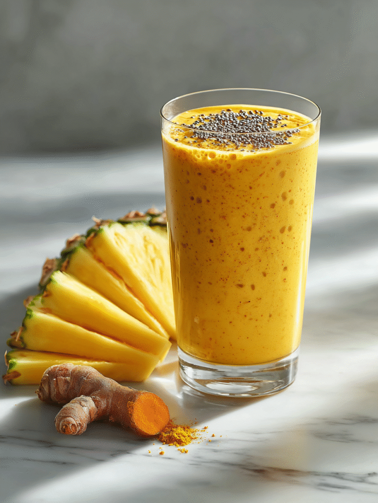 A vibrant golden anti-inflammatory turmeric smoothie in a glass, garnished with chia seeds and surrounded by fresh pineapple and turmeric root