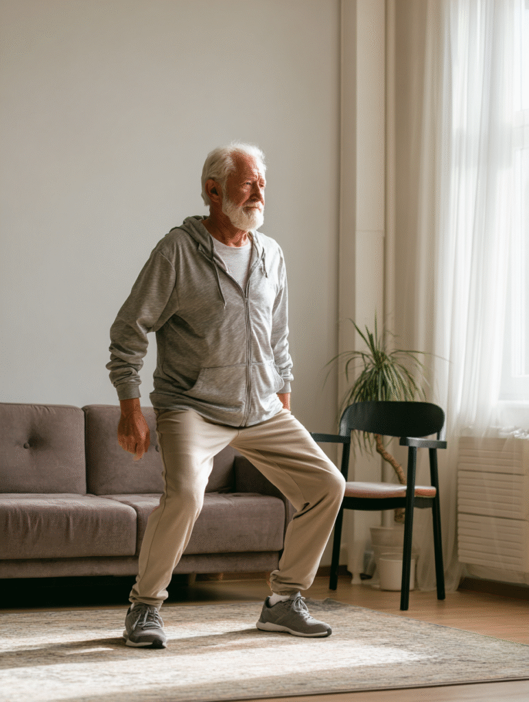 Senior man doing chair exercises at home while managing diabetes after 60