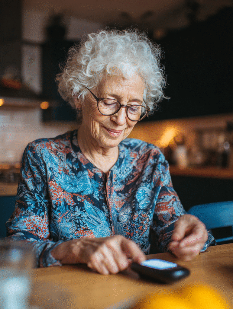 Senior woman checking blood sugar with user-friendly tech while managing diabetes after 60