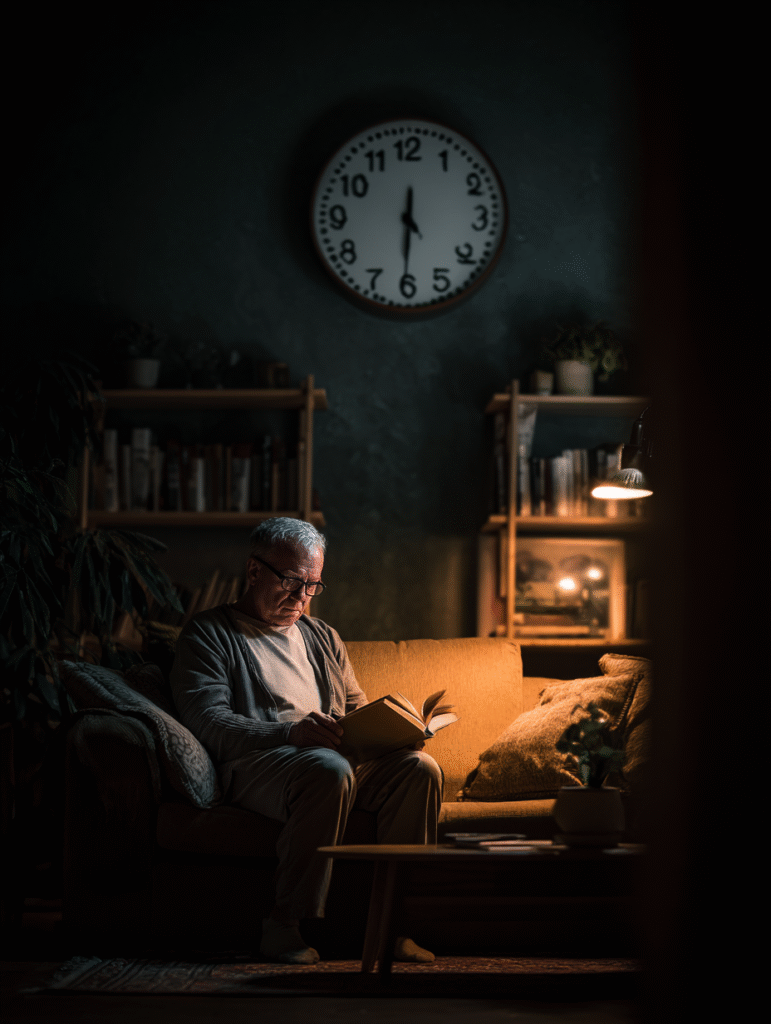 Senior man applying 3 AM wake-up plan to learn how to deal with insomnia after 60