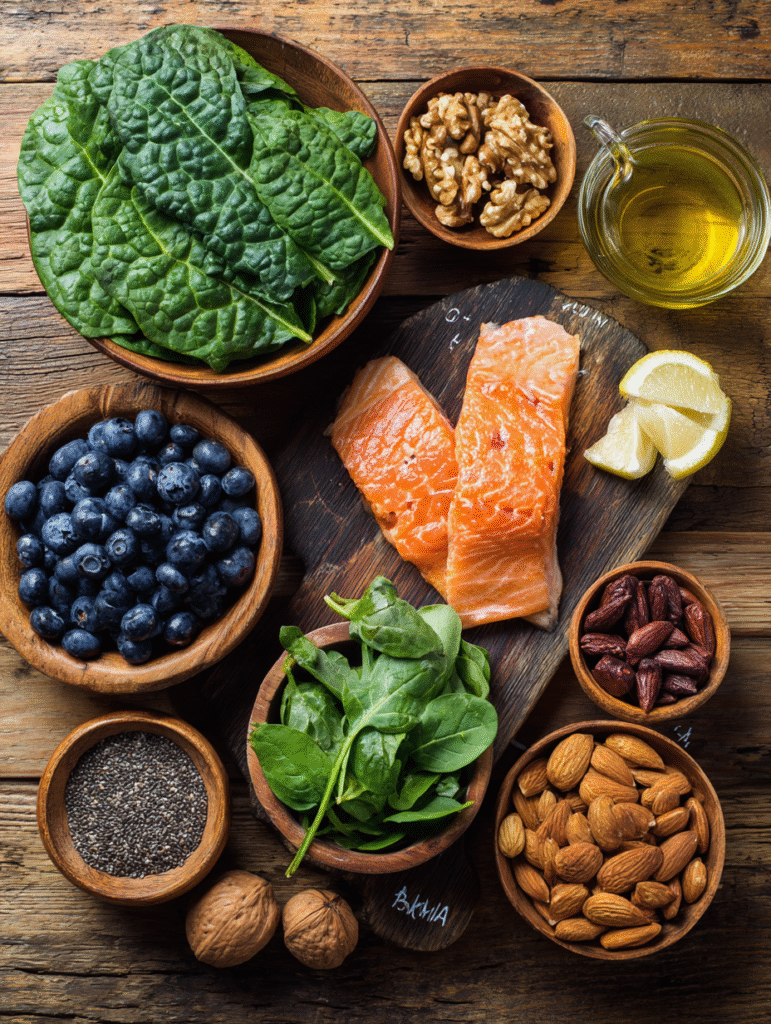 Brain-boosting foods for how to improve memory after 60 including berries, greens, and salmon