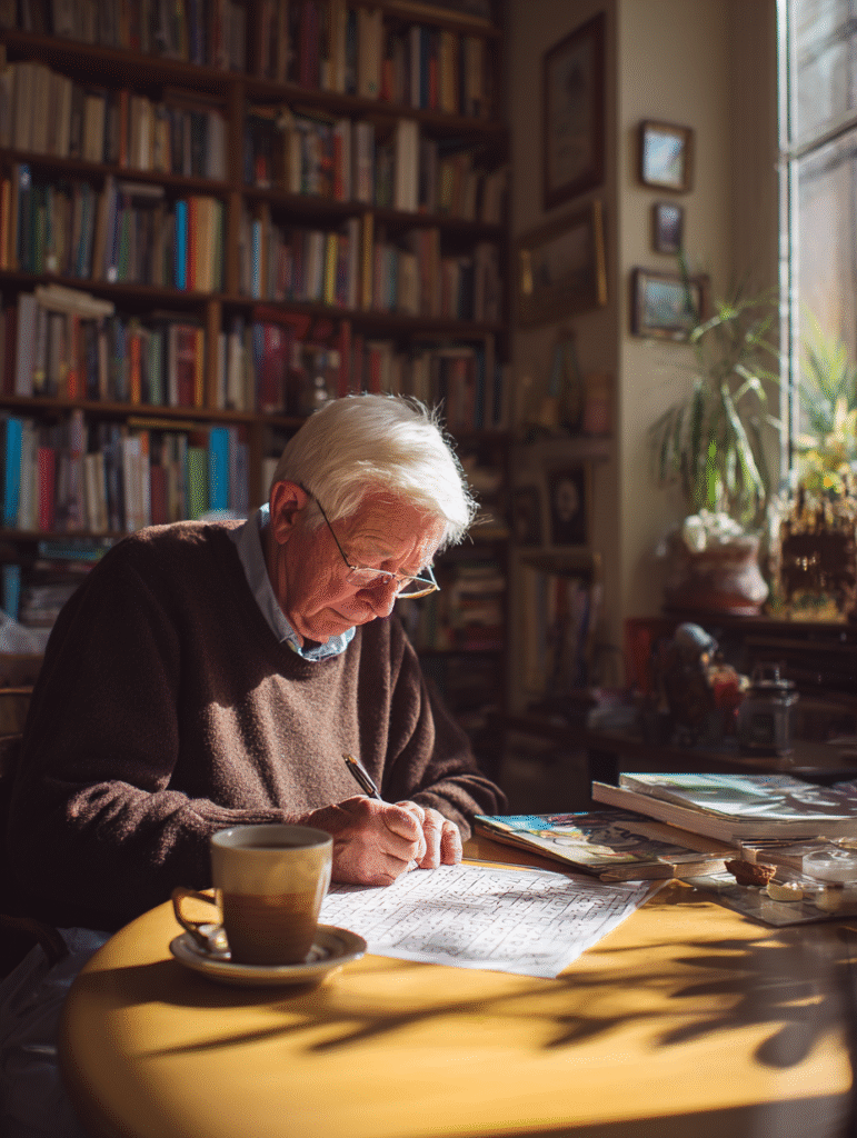 Senior man practicing how to improve memory after 60 with brain games like crosswords