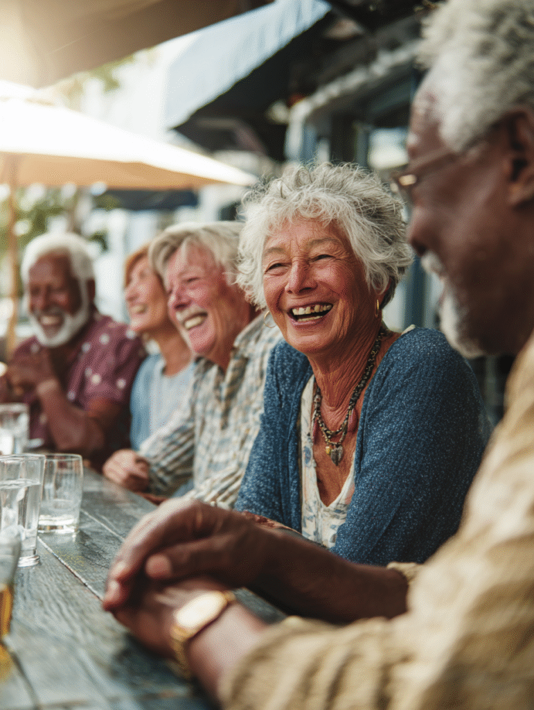 Diverse group of seniors connecting and showing how to age gracefully through social interaction