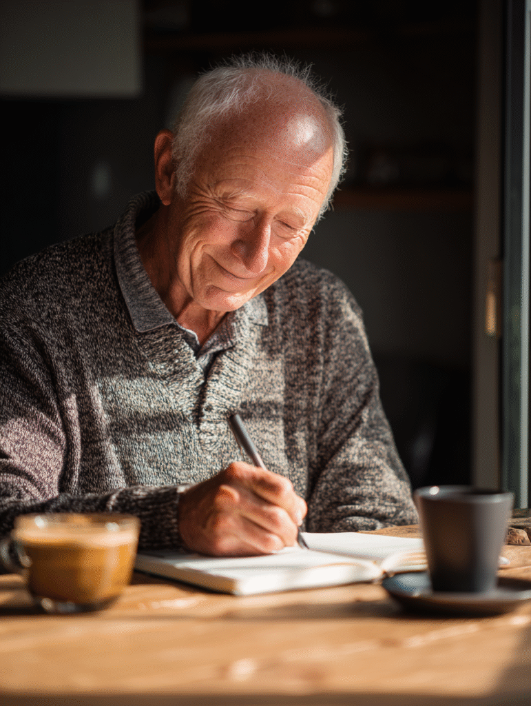self care routines for seniors, Senior man journaling as emotional self-care
