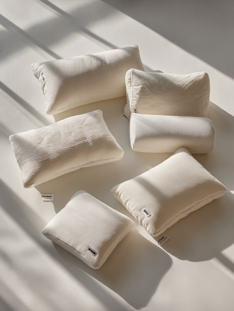 Pillow types used to support the best sleep positions for seniors on a white background