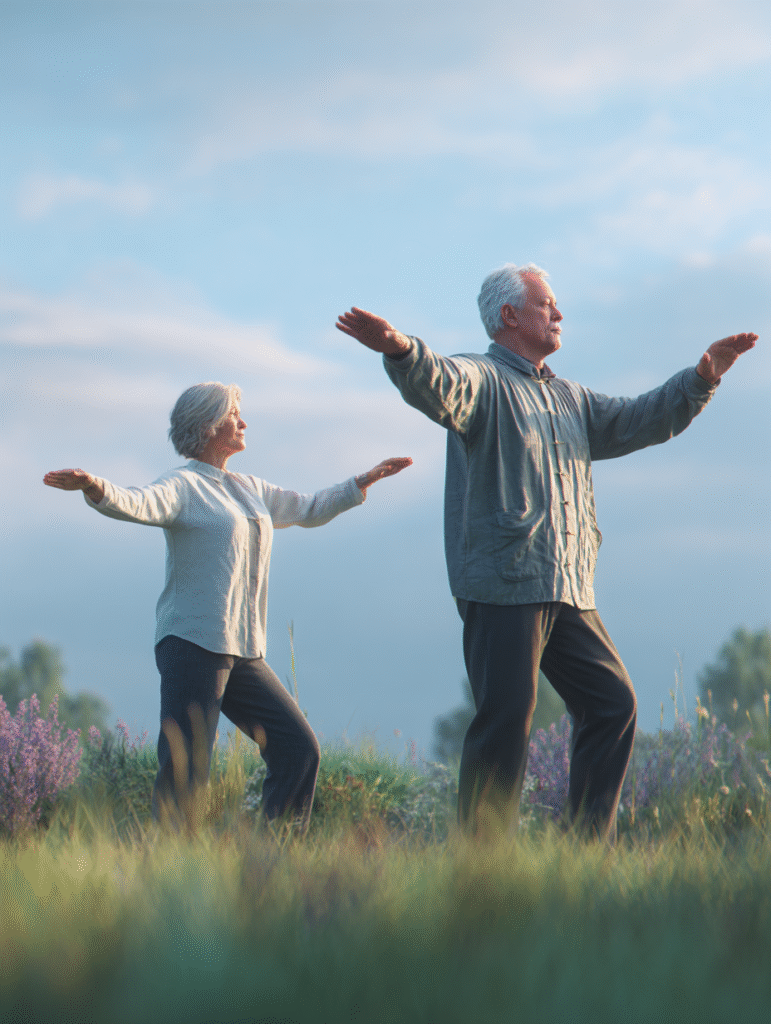 Older adults practicing tai chi in garden staying active after retirement