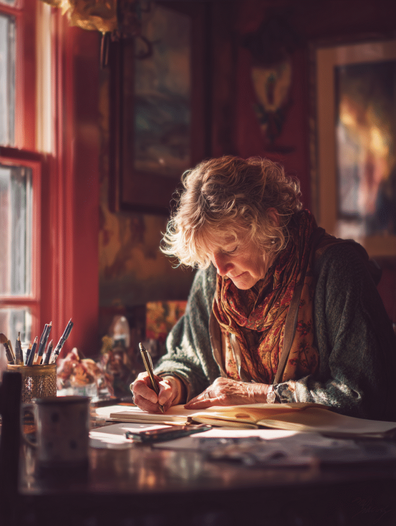 Senior woman writing creatively staying active after retirement