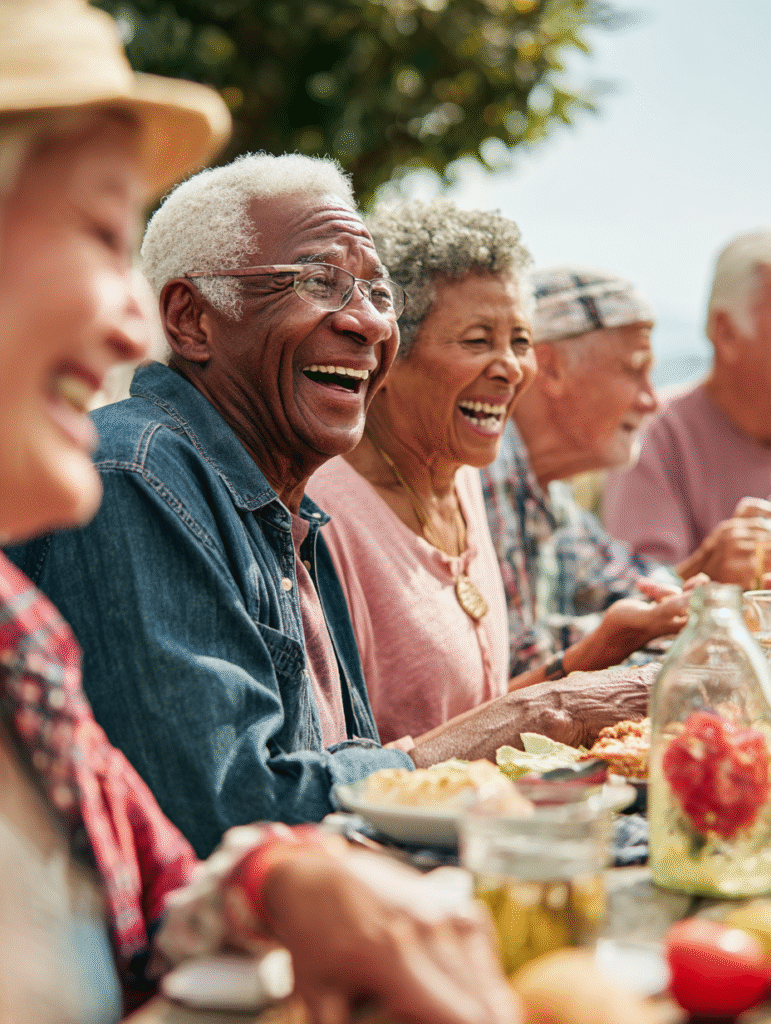 Group of retired friends enjoying picnic staying active after retirement
