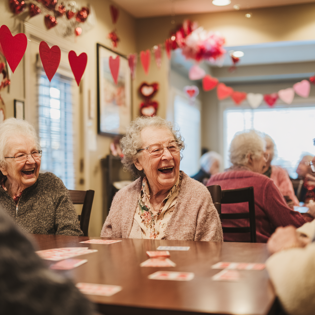 Seniors enjoying Valentine’s Day activities together in a decorated room