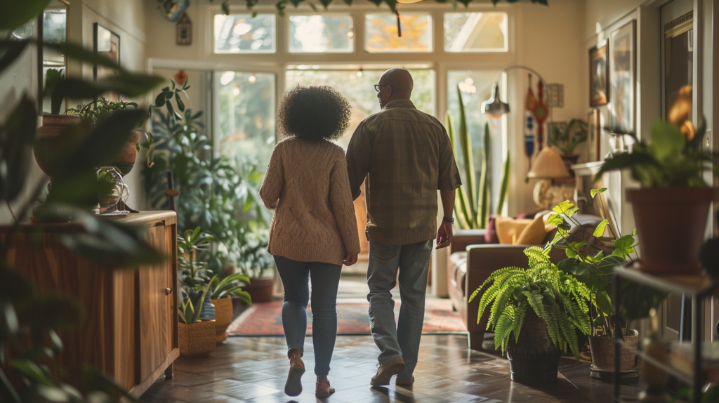 Senior care services caregiver helping an older adult walk safely at home in the USA