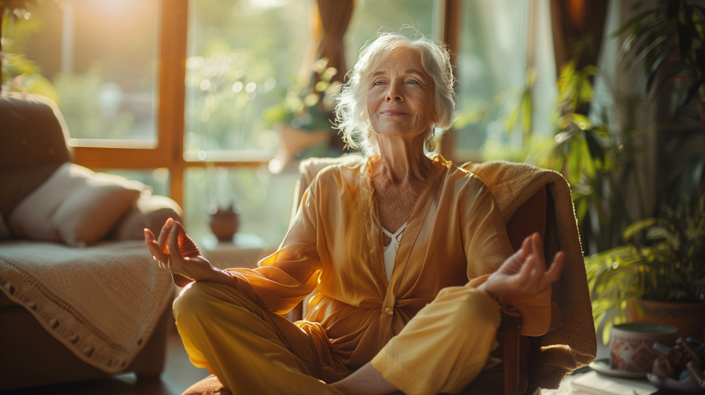 chair yoga for seniors featured image of a senior woman doing seated mountain pose on a chair at home