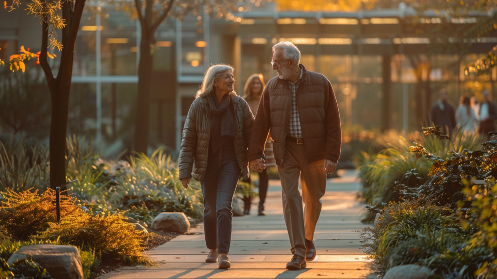 Senior living community courtyard tour with an older couple and family member walking together