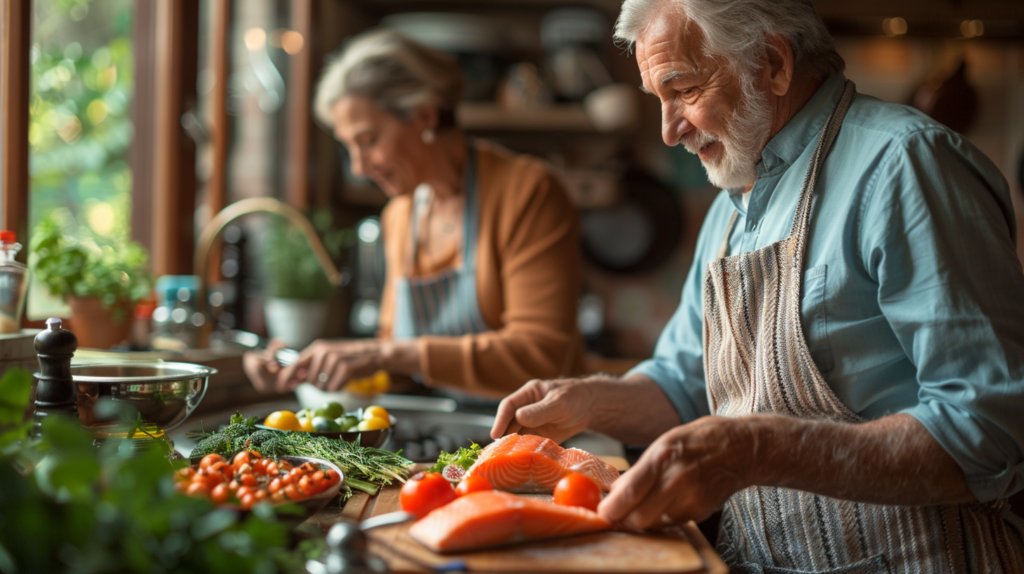 Healthy eating for seniors with a couple preparing a balanced plate with vegetables and salmon in a home kitchen