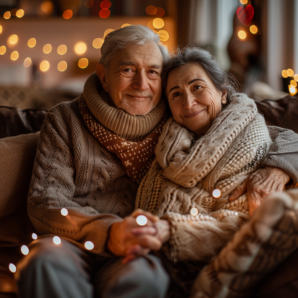 Married senior couple relaxing on the couch during Valentine’s Day celebration at home