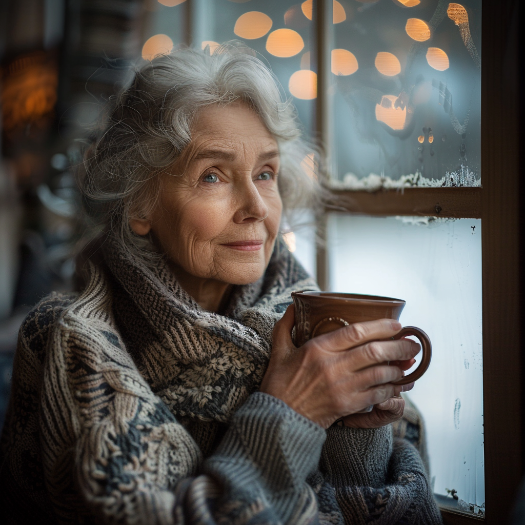 Senior woman spending Valentine’s Day alone as a senior, sitting by a window with a warm drink, calm and peaceful