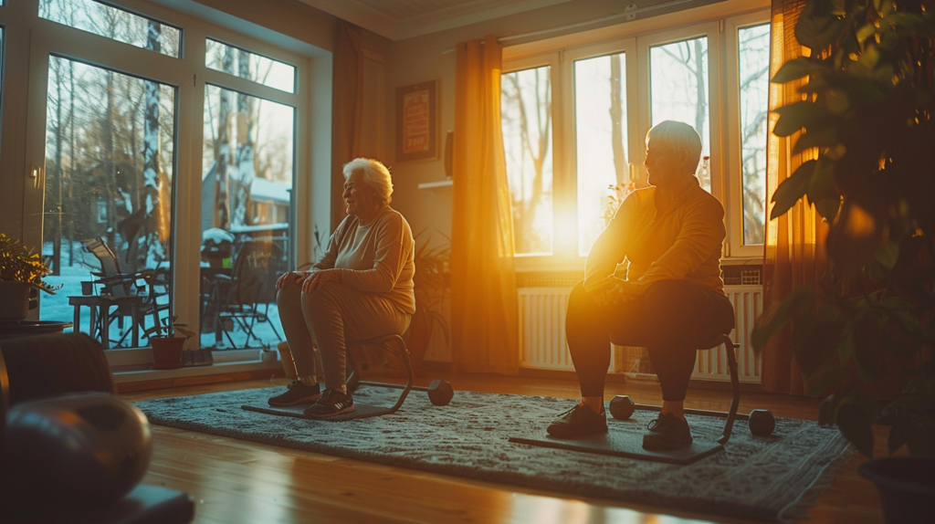 Strength training for seniors at home with chair sit-to-stand and wall push-ups in a bright living room