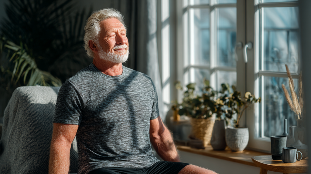 Senior strength workout featured image of an older adult doing a chair sit-to-stand at home with a sturdy chair