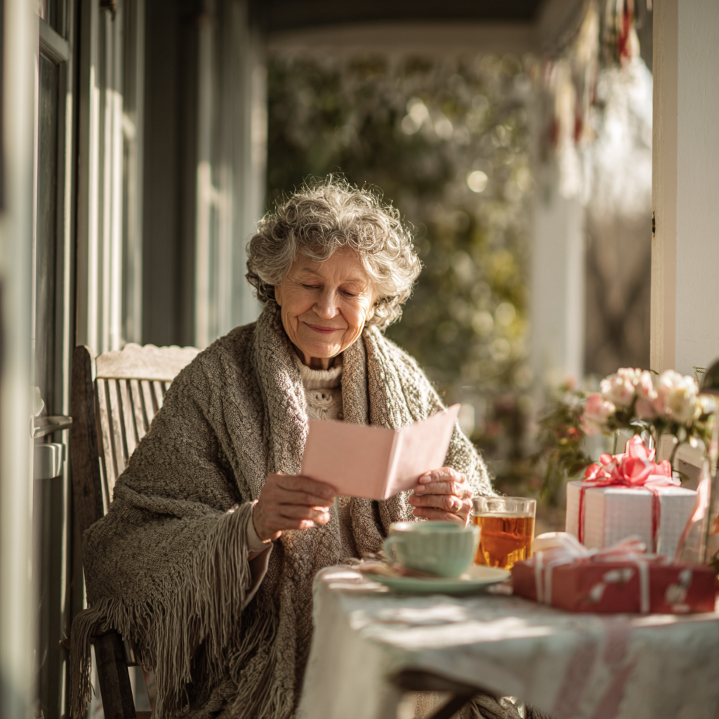 Independent senior enjoying a Valentine’s Day gift and card