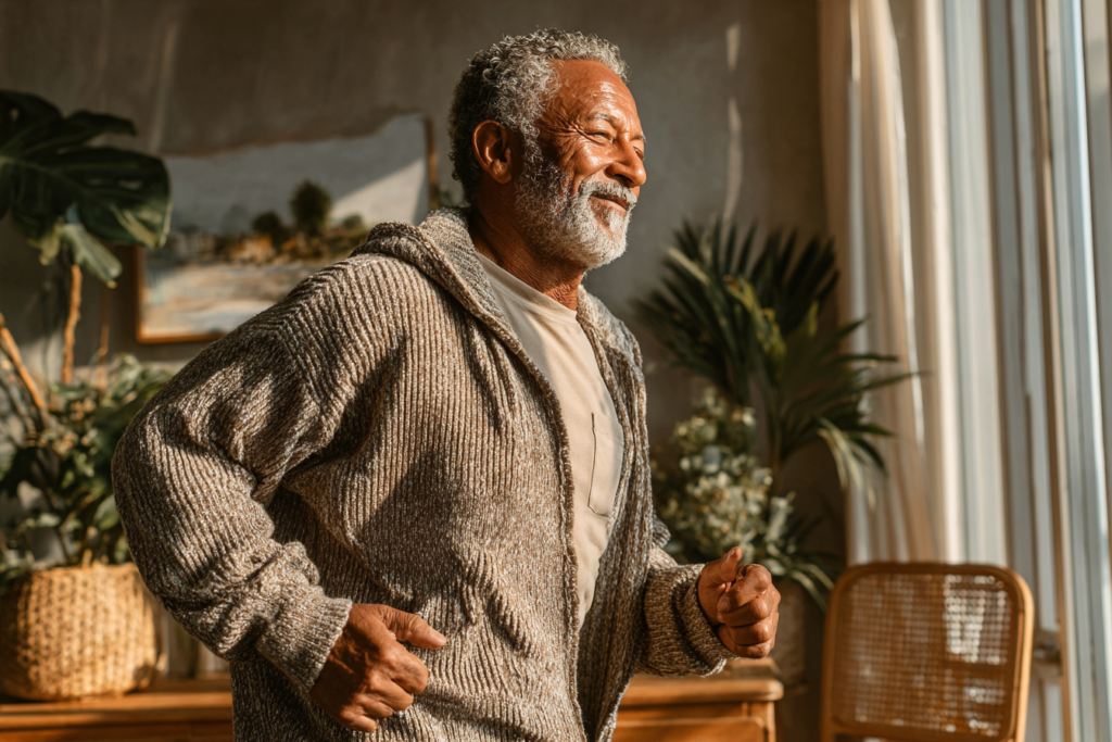 Senior strength workout warm-up image showing an older adult marching in place next to a chair for support
