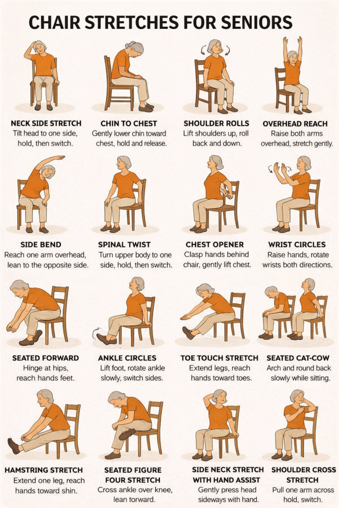 chair exercises for seniors showing seated knee extensions heel raises and seated biceps curls with proper form