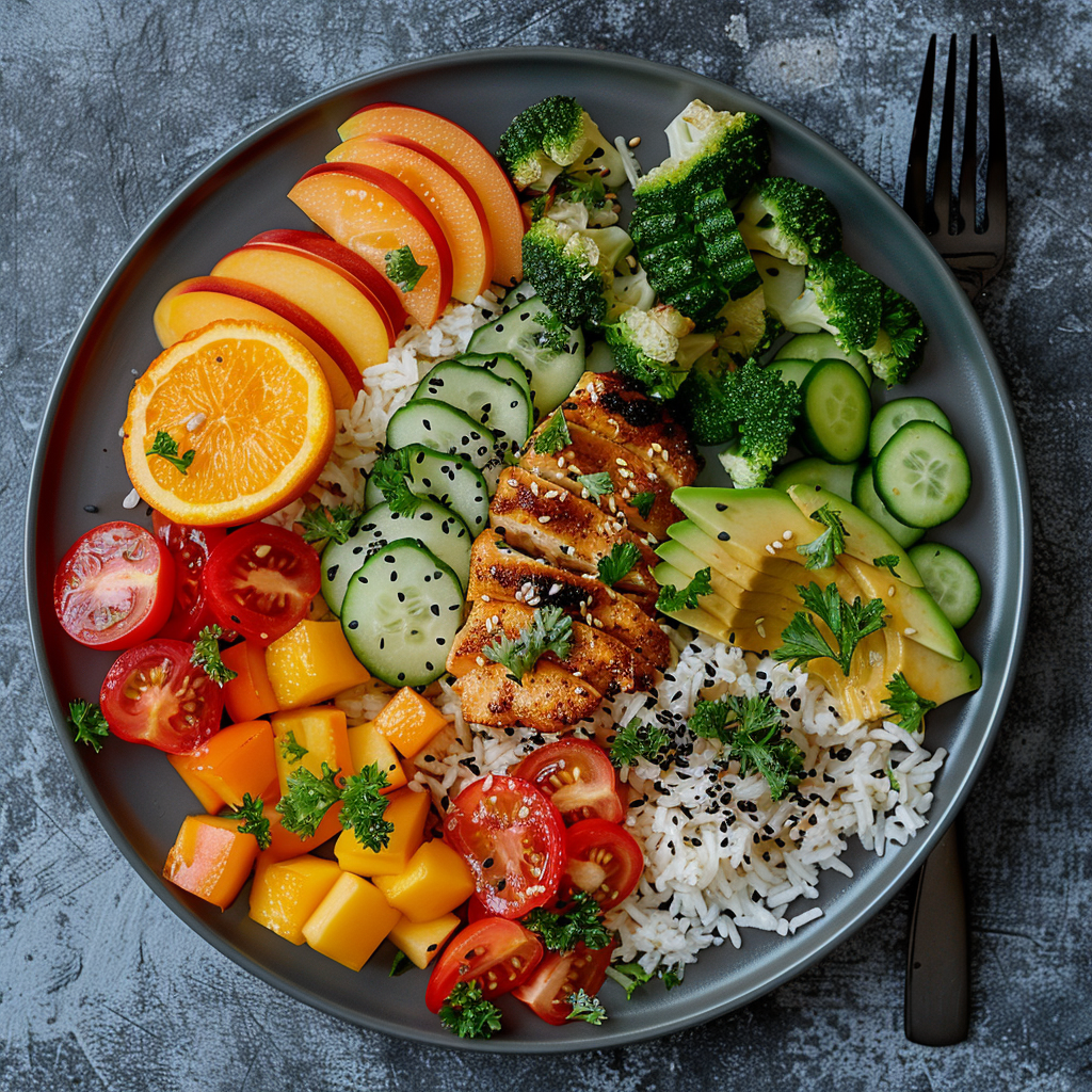 Healthy eating for seniors shown with a plate method using half vegetables, one quarter protein, and one quarter whole grains