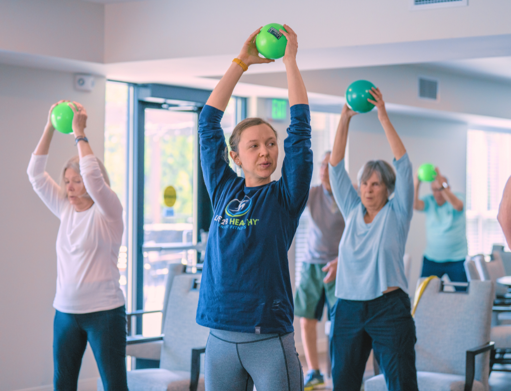 Different types of senior fitness classes including chair exercise yoga water aerobics and tai chi