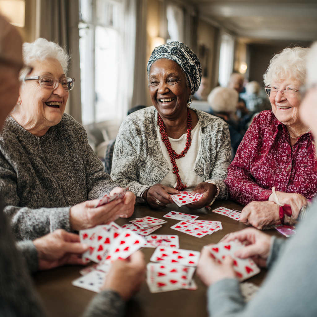Seniors playing Valentine’s Day bingo in a group setting Valentine’s Day activities for seniors