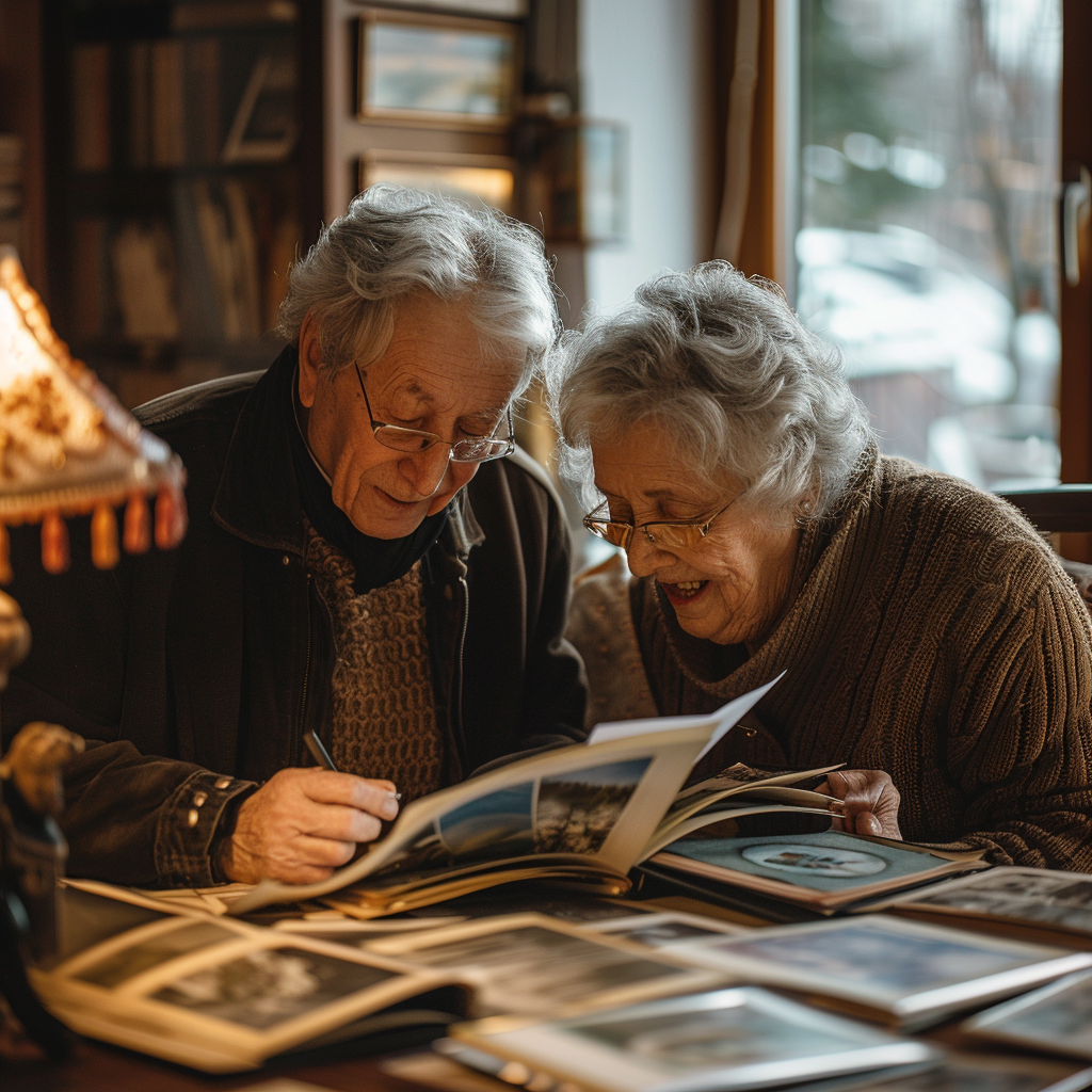 Older married couple creating a memory scrapbook for Valentine’s Day Valentine’s Day ideas for married seniors