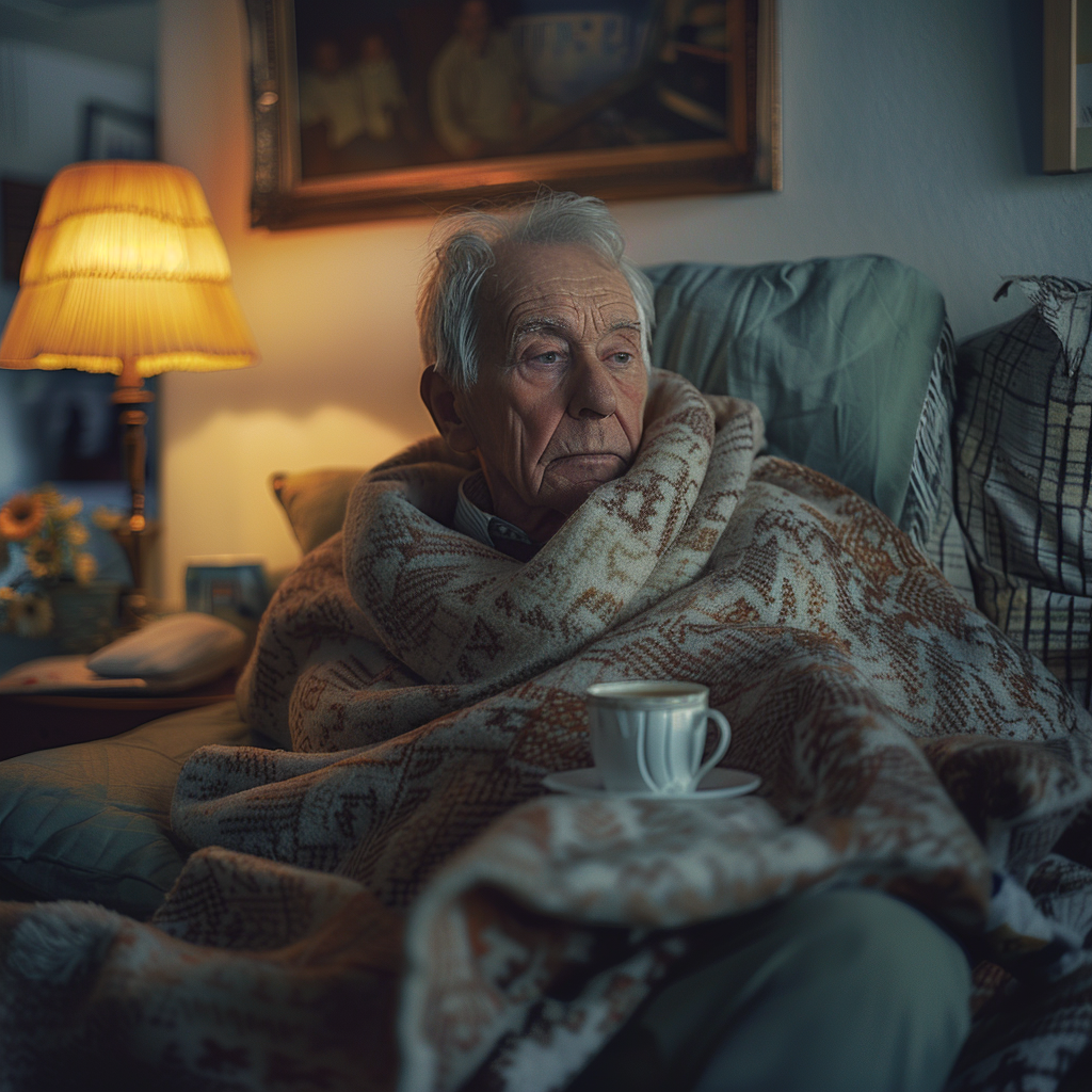 Senior man spending Valentine’s Day alone as a senior, watching a movie at home in a warm blanket