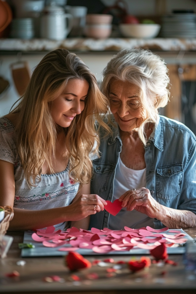 Caregiver helping senior woman make a Valentine heart collage as part of dementia-friendly activities