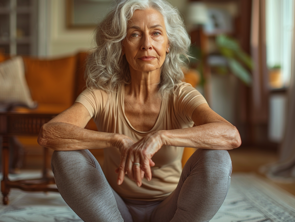 Strength training for seniors showing proper chair squat sit-to-stand form with safe posture