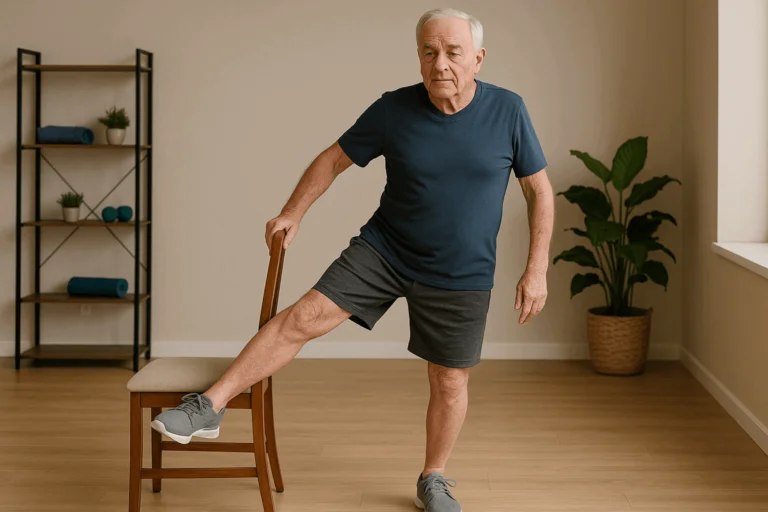Balance exercises for seniors safety setup with chair against wall clear floor good lighting and stable shoes
