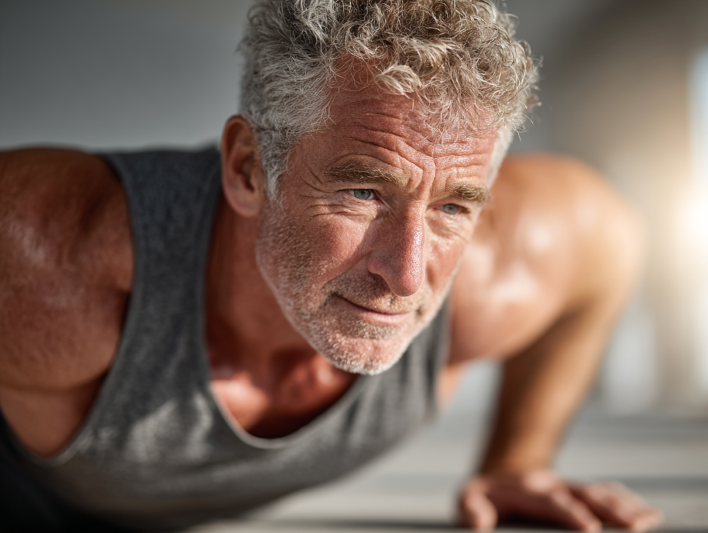 Senior strength workout exercise image of an older adult performing wall push-ups with safe form and neutral spine