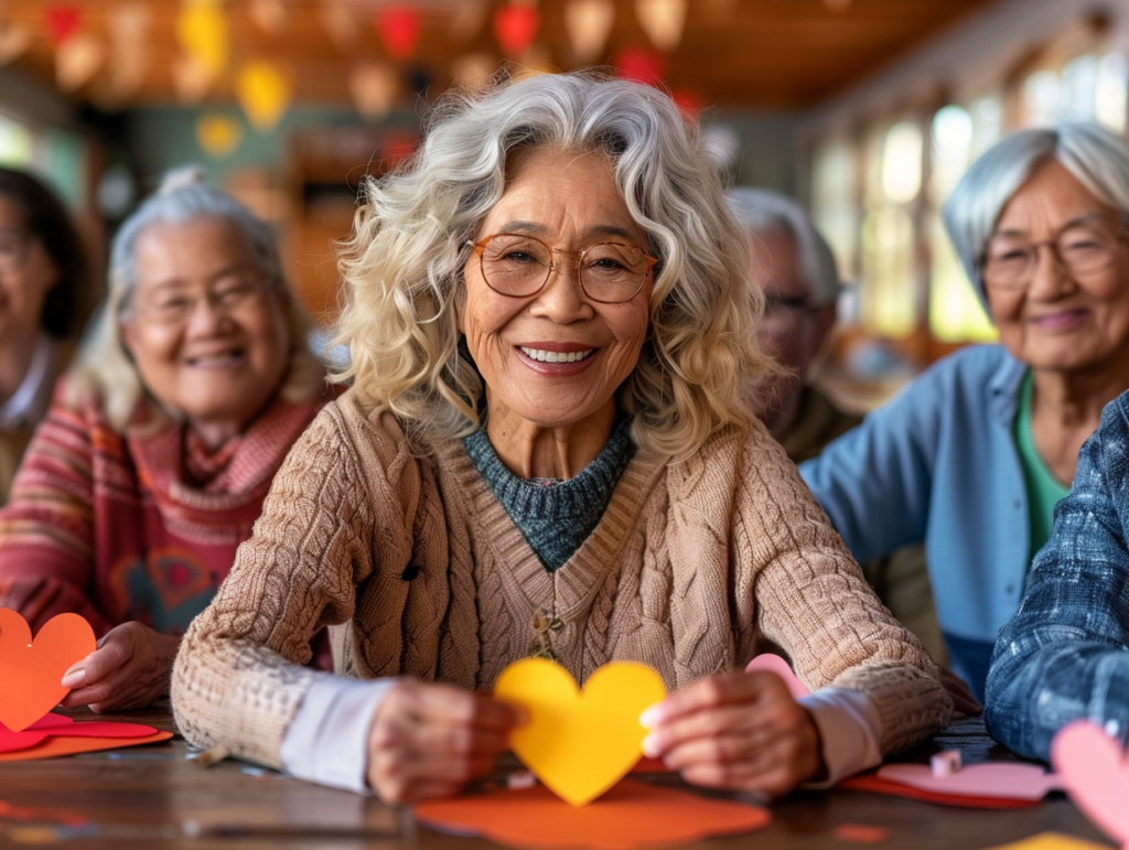 Seniors creating Valentine’s crafts together in a community room
