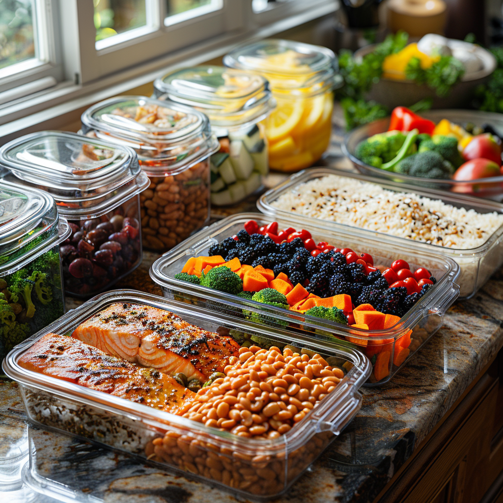 Healthy eating for seniors meal prep with seven containers for a 7 day plan including protein, vegetables, and whole grains