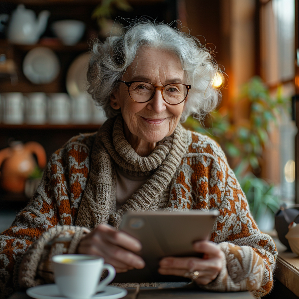 Senior woman spending Valentine’s Day alone as a senior, talking to family on video call at kitchen table