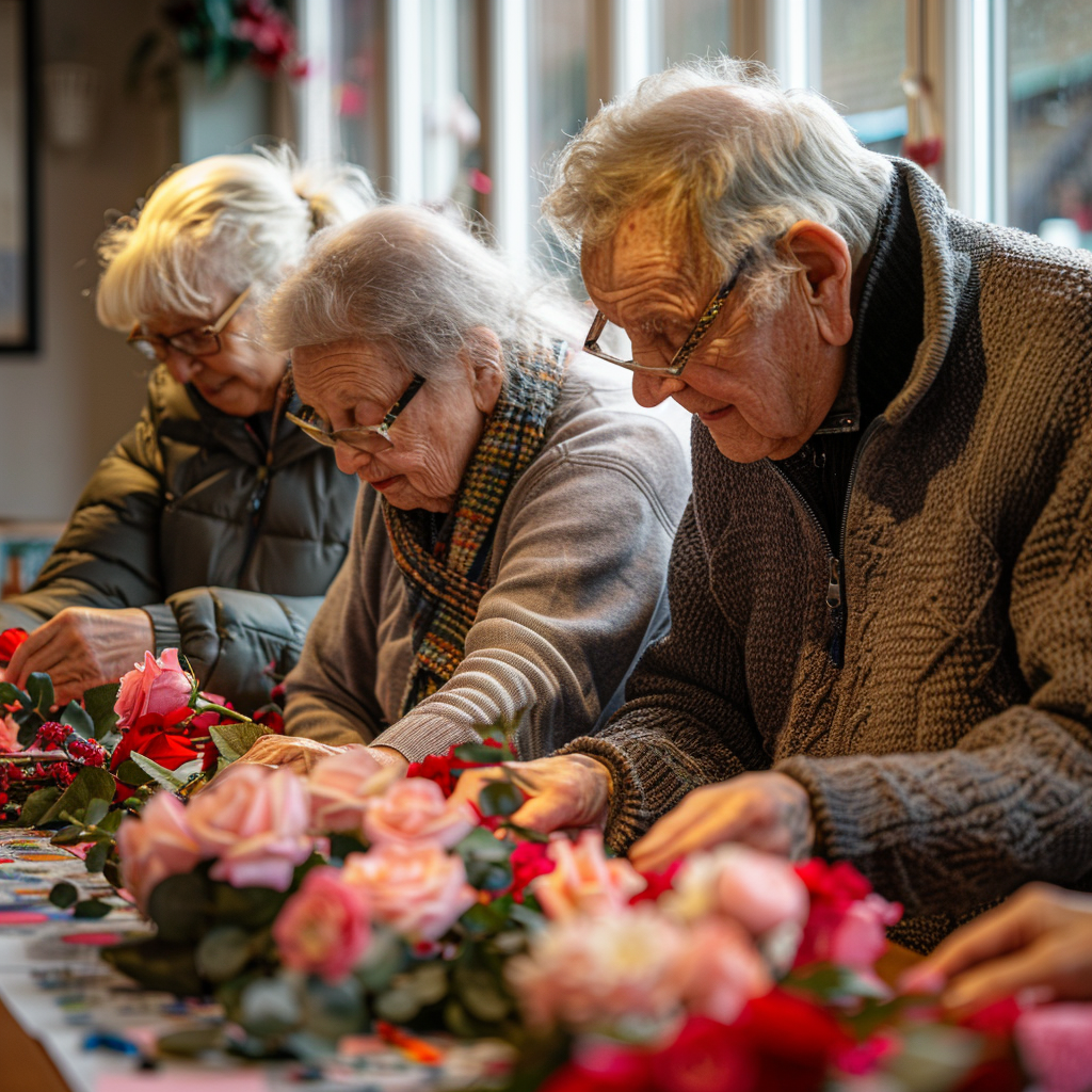 Group of seniors in memory care decorating for Valentine’s Day with caregiver supportValentine’s Day Ideas for Seniors With Dementia