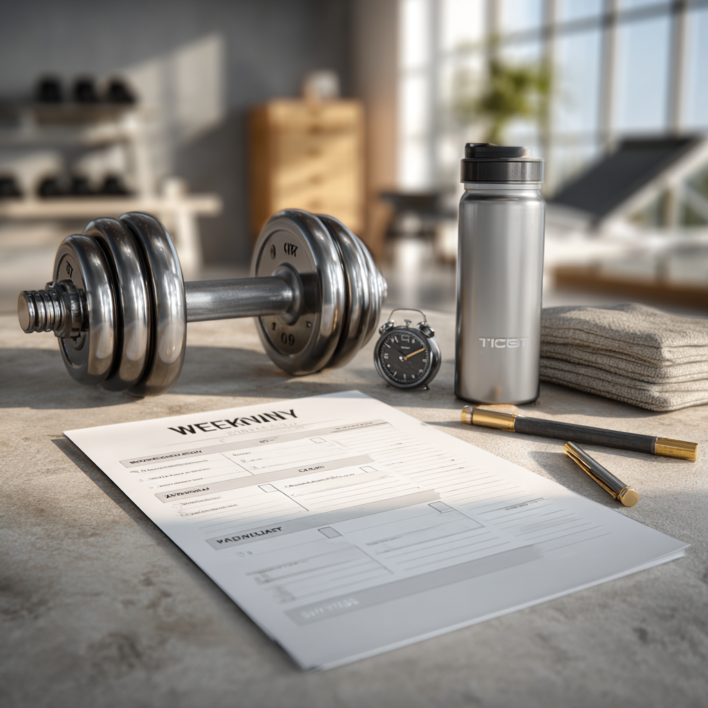 Strength training for seniors 8-week plan setup with dumbbells, resistance band, timer, and calendar