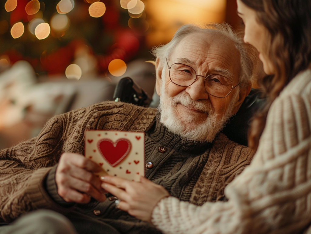 Senior man in a wheelchair holding a Valentine’s card with a family member beside him, Valentine’s Day ideas for seniors