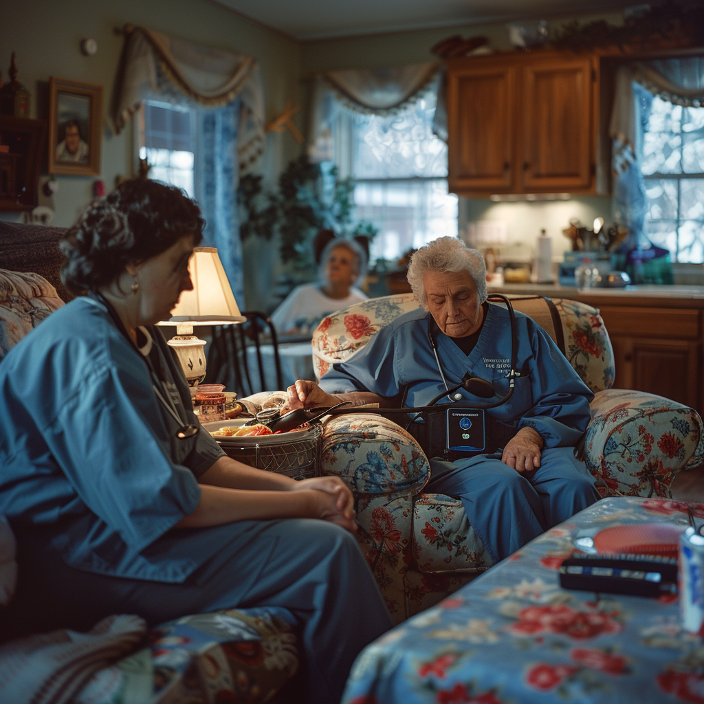 senior care at home showing home health nurse visit and home care support for daily tasks