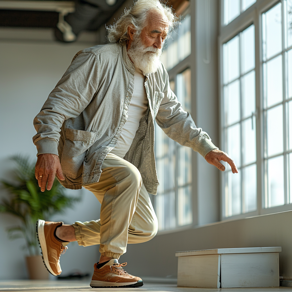Strength training for seniors with balance support using a wall during low step-ups