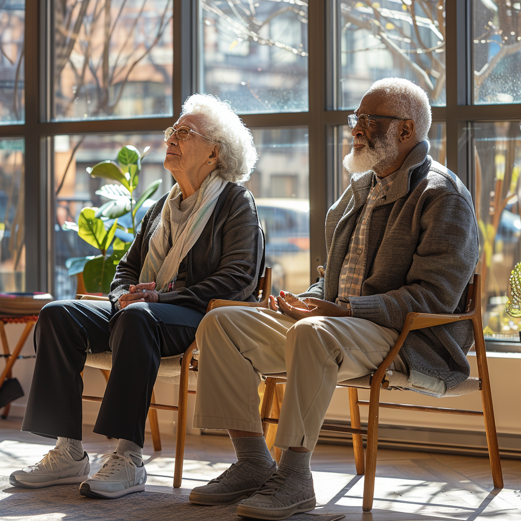 chair yoga for seniors routine image of two older adults doing seated side stretch on chairs in a bright room