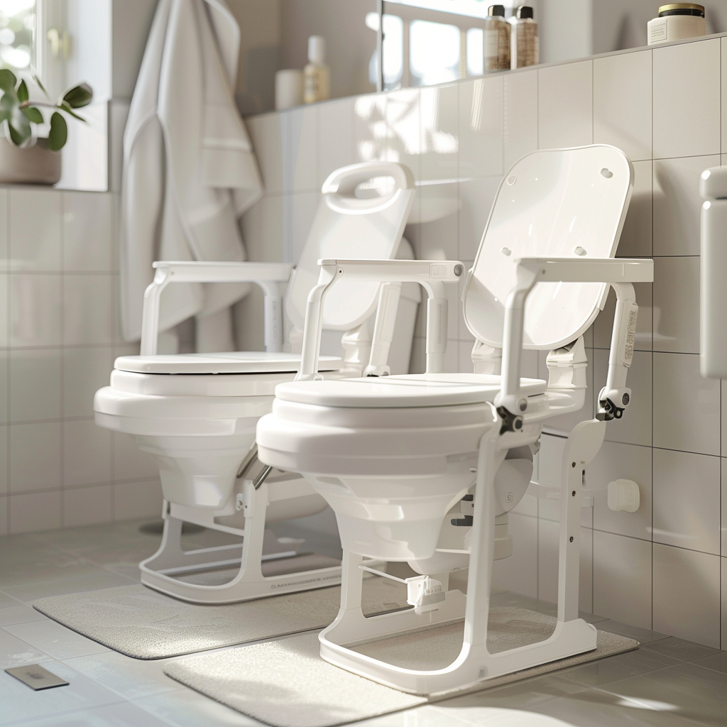 Raised toilet seat for seniors measurement guide showing a caregiver checking toilet height