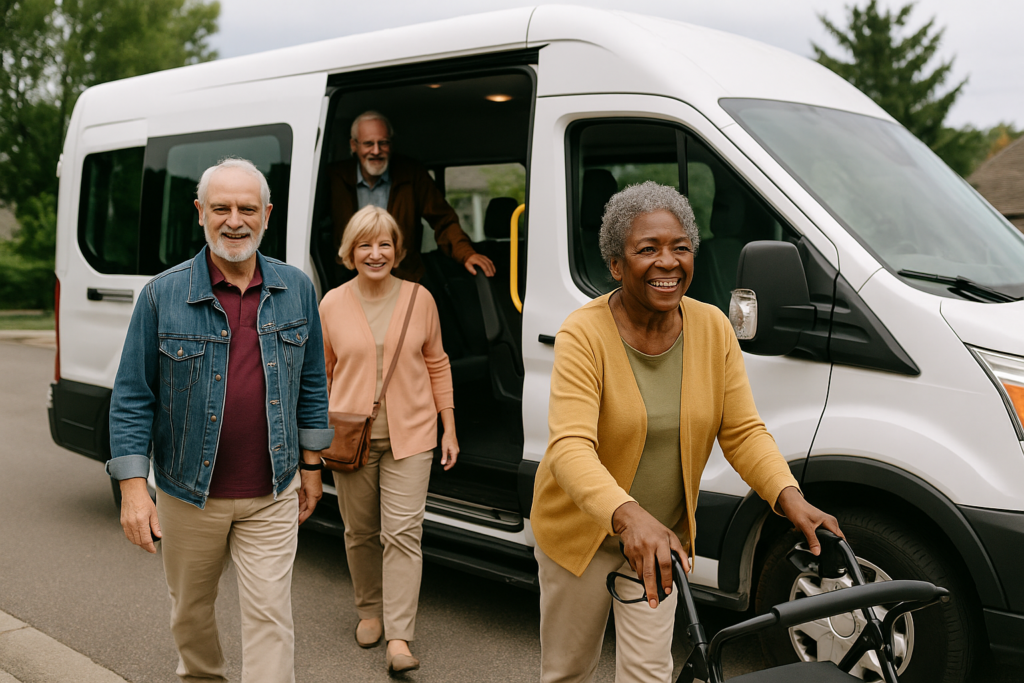 Independent senior living transportation shuttle helping seniors get to errands and appointments safely
