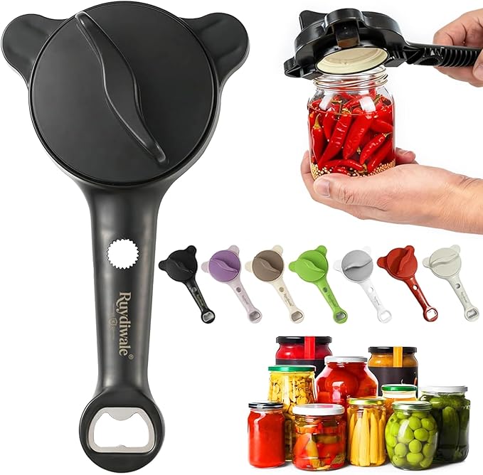 4-in-1 ergonomic stainless steel jar opener designed for easier opening of jars, lids, and bottle caps with better grip.
