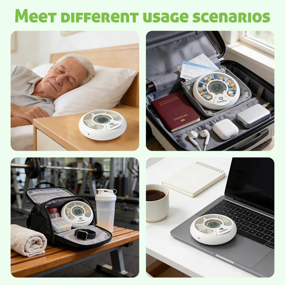 Automatic weekly travel pill organizer and portable pill dispenser designed to help seniors keep medications organized and easy to carry.