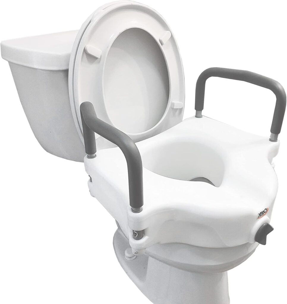 Carex 4.5 inch raised toilet seat with arms designed to help seniors sit and stand more safely and comfortably in the bathroom.