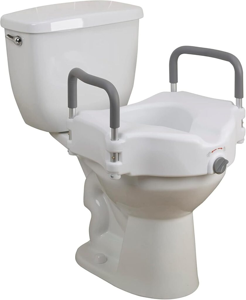 Drive Medical 2-in-1 raised toilet seat with removable padded arms designed to help seniors sit and stand more safely and comfortably.