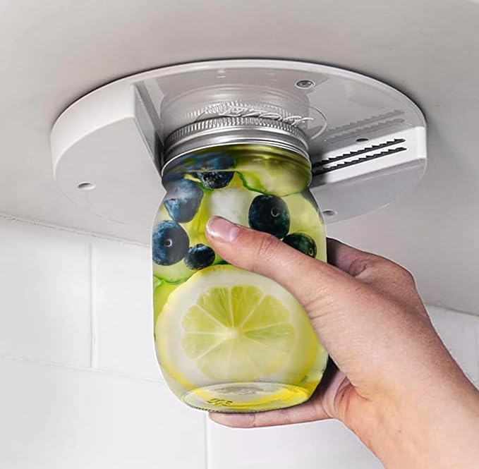 EZ Off jar opener for seniors mounted under a cabinet for easier one-handed opening of jars and lids.